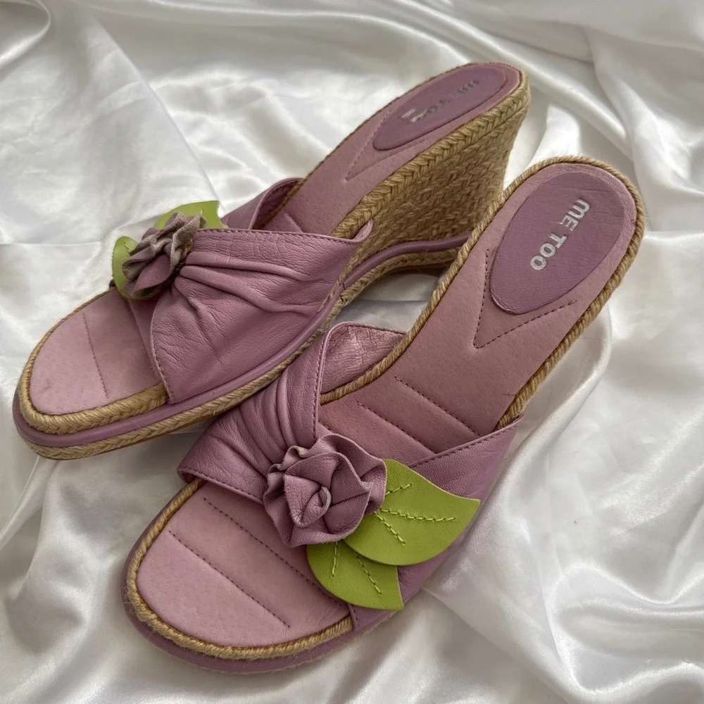 Me Too Pink Leather Rosette Espadrille Wedge Sandals Women 10 Floral Slide